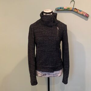 Loft Women’s XS Extra Small Black and White Cotton Tweed Moto Zip Up Sweater